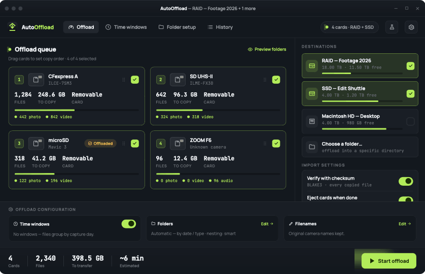 AutoOffload offload queue with four cards copying to two destinations at once, with checksum verification and import settings