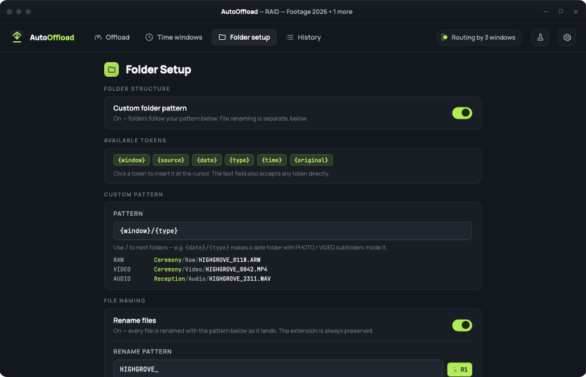 AutoOffload folder setup with token-based patterns and live path preview